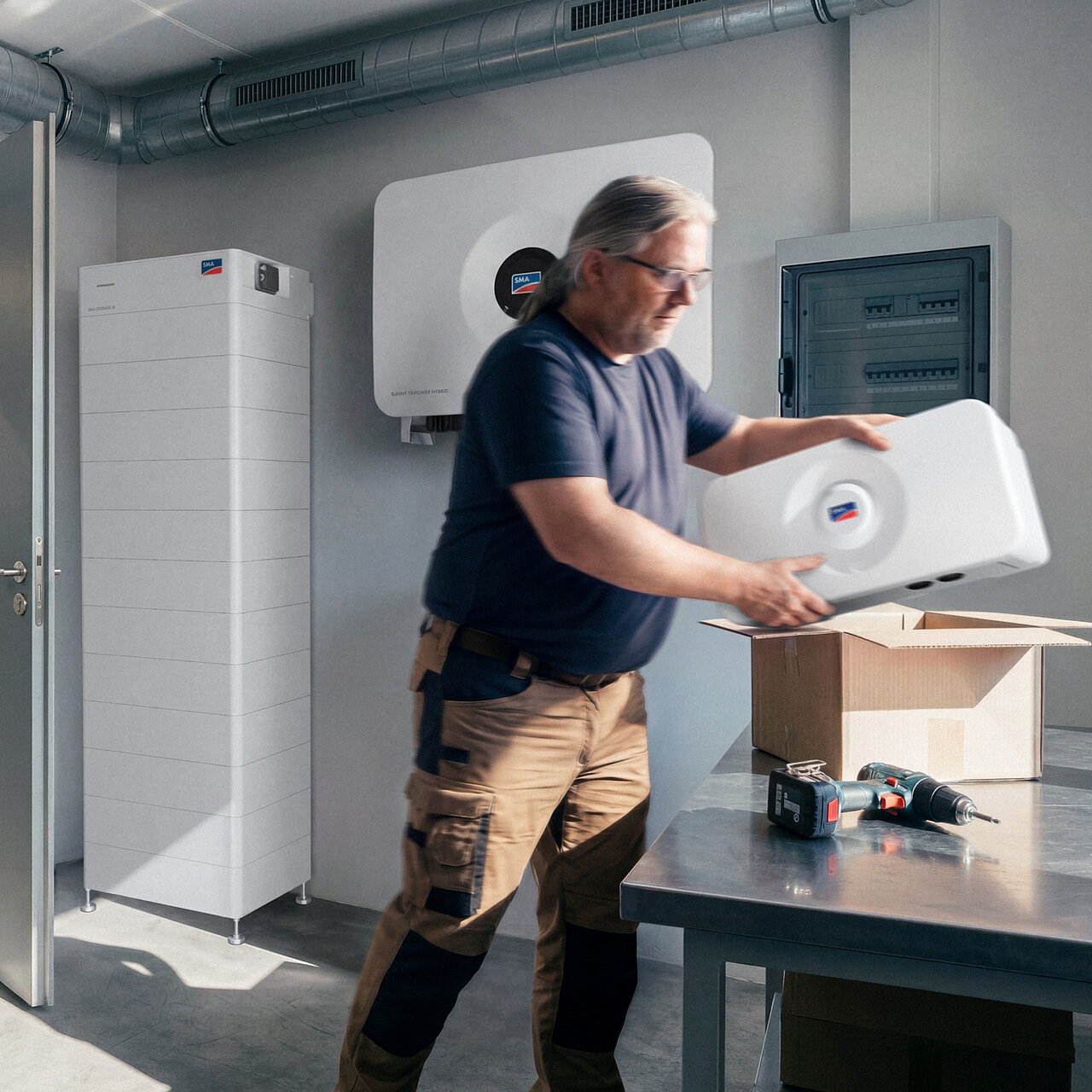 An installer takes an SMA Backup out of a box at a table; behind him are the SMA Storage M battery, and on the wall hang a Sunny Tripower Hybrid X and a fuse box.