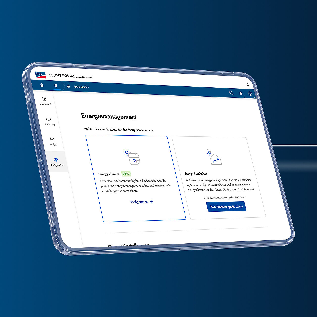 Tablet, das das Sunny Portal mit Energy Planner und Energy Maximizer zeigt.