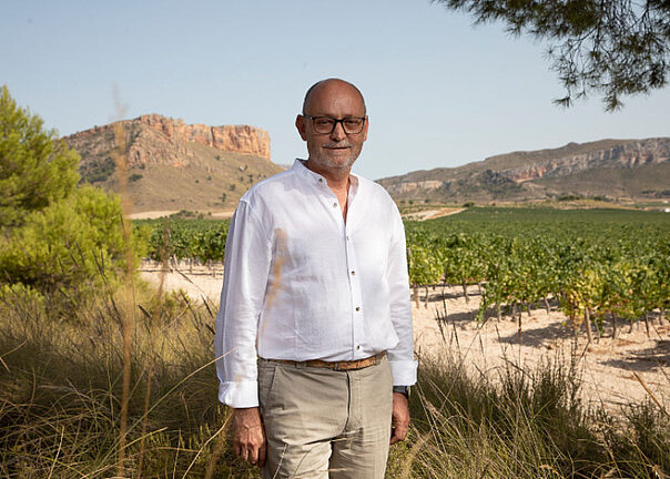 El vitivinicultor Álvaro Gil Vera con sus viñedos al fondo