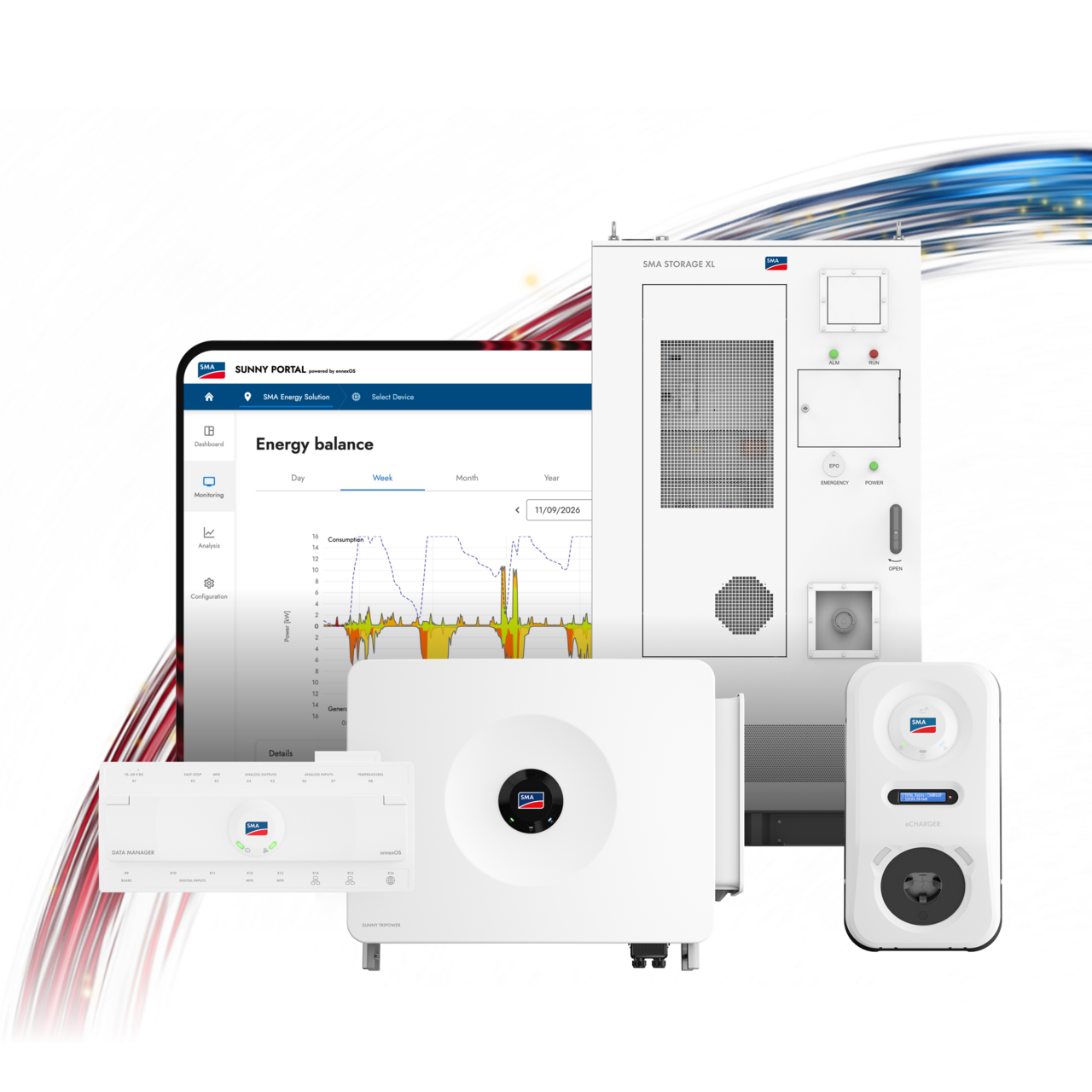 Die SMA Commercial Energy Solution ist mit einem Ausschnitt eines Tablets, dass das Sunny Portal zeigt, einem SMA Storage XL Package, einem SMA Data Manager M, einem Sunny Tripower 125 und einem SMA eCharger abgebildet.