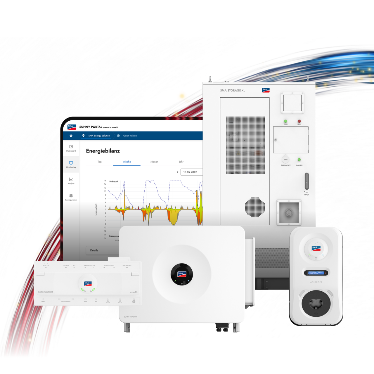Die SMA Commercial Energy Solution ist mit einem Ausschnitt eines Tablets, dass das Sunny Portal zeigt, einem SMA Storage XL Package, einem SMA Data Manager M, einem Sunny Tripower 125 und einem SMA eCharger abgebildet.