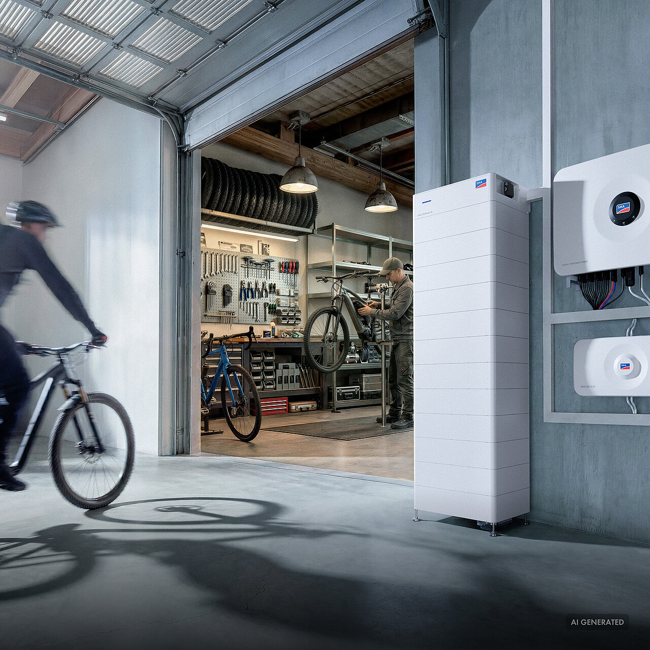 Eine Fahrradwerkstatt in einer Lagerhalle davor steht ein Batteriespeicher SMA Storage M, an der Wand hängt ein Sunny Tripower Hybrid X Wechselrichter und ein SMA Backup