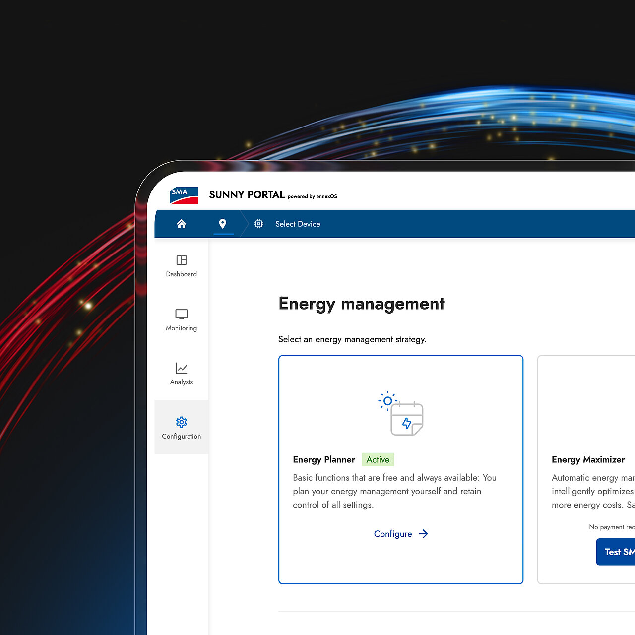 Ausschnitt eines Tablets mit dem Sunny Portal auf dem Bildschirm mit Auswahl zwischen Energy Planner und Energy Maximizer für intelligentes Energiemanagement
